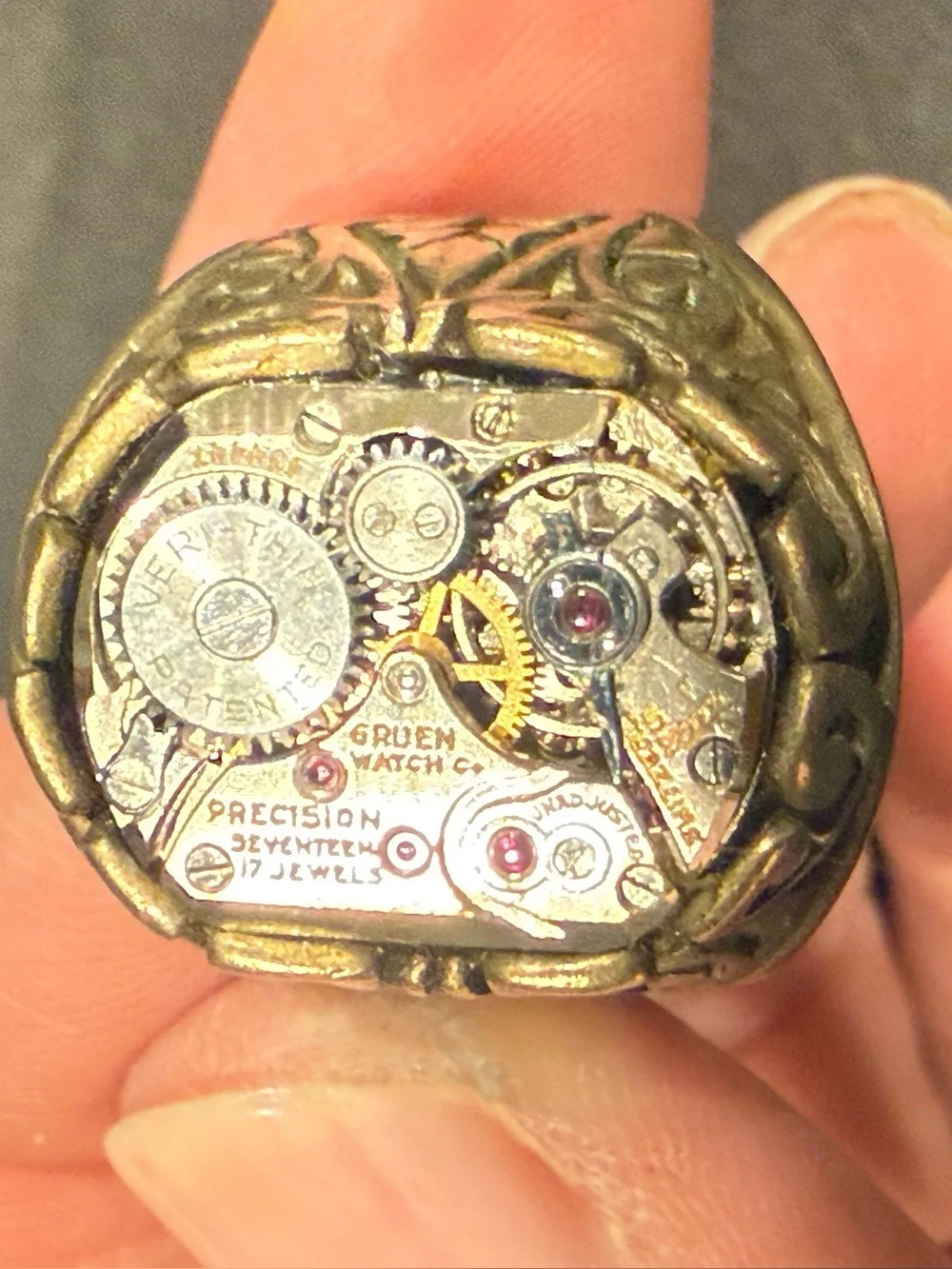 Artist Made Steampunk Watch Movement Ring Vintage Gruen 17 Jewel Filigree Brass
